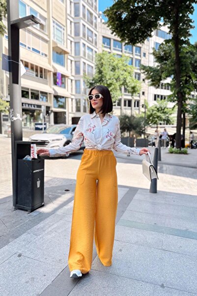 NEW LAVİVA Mustard Spanish Wide Leg, Elastic Waist, Linen/Airobin Fabric, Loose, Pocketed, Inner Wearing Pants