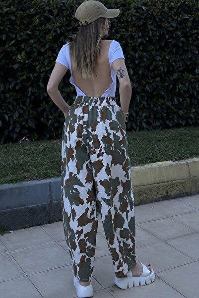 NEW LAVİVA Women's Khaki Elastic Waist, Pockets, Patterned Gabardine Fabric, Loose Trousers