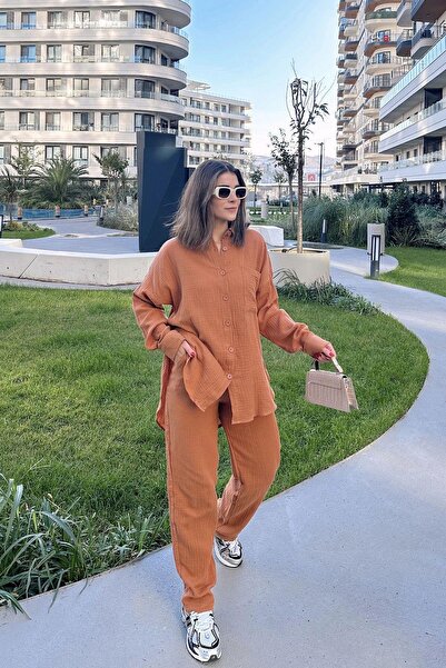 NEW LAVİVA Women's Tile Loose Long Shirt & Elastic Waist Trousers - Bottom & Top Muslin Fabric Set