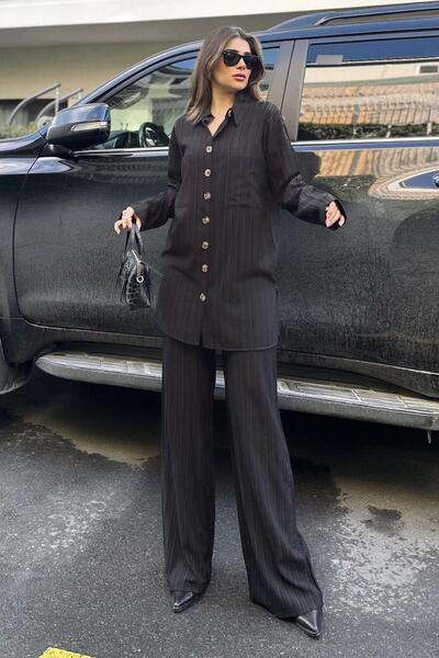 NEW LAVİVA Black Seersucker Women's Shirt and Trousers Set - Double Pocket, Wide Leg