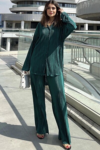 NEW LAVİVA Emerald Green Women's Tunic and Trousers Set - Elastic Waist, Loose Wrap Design