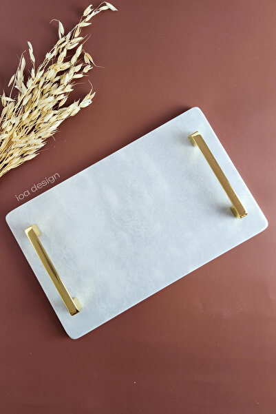 ioadesign صينية تقديم رخامية رفيعة حقيقية مقاس 32x20 سم - مقبض ذهبي