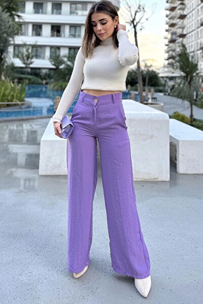 NEW LAVİVA Kadın Lila Yüksek Bel, Cepli, Bol Paça Pantolon