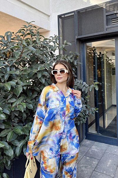 NEW LAVİVA Women's Saks & Yellow Double Pocket Shirt & Wide Leg Trousers - Loose Bottom & Top Set