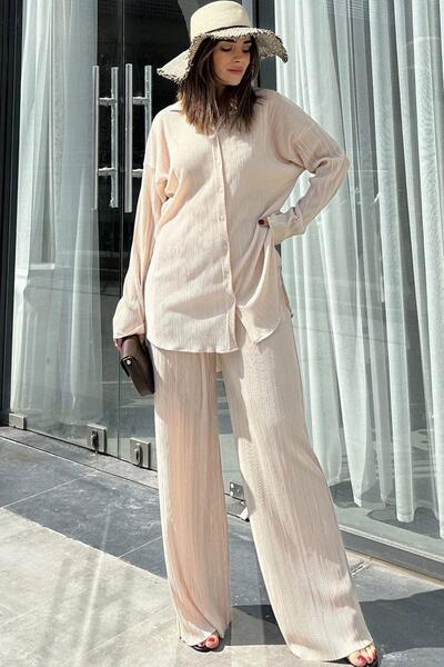 NEW LAVİVA Beige Loose Wrap Set - Long Tunic, Shirt and Wide Leg Trousers