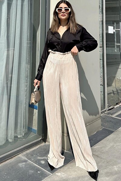 NEW LAVİVA Women's Beige Elastic Waist, High Waist, Loose Cut, Wide Leg Wrap Pants