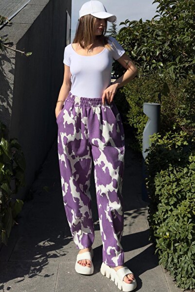 NEW LAVİVA Purple Gabardine Patterned Women's Trousers - Elastic Waist, Pockets and Loose