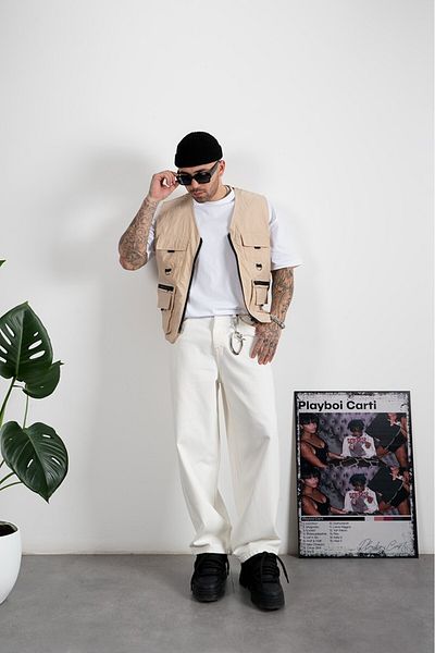 UKHWD SUPPLY Beige Multi-Pocket Utility Cargo Men's Vest