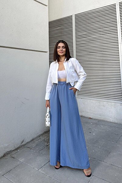 NEW LAVİVA Mavi Beli Lastikli, Cepli, İspanyol / Bol Paça Özel Kumaş, Rahat Kalıp Pantolon - Tesettüre Uygun