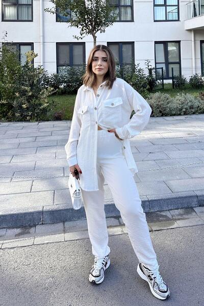 NEW LAVİVA Women's Ecru Double Pocket Long Shirt & Elastic Waist Pants - Comfortable Bottom & Top Set