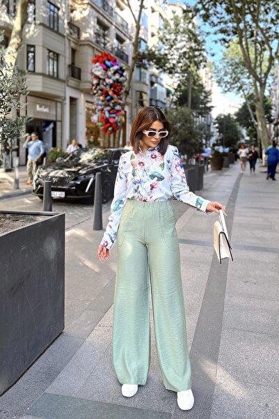 NEW LAVİVA Khaki Spanish Wide Leg, Elastic Waist, Linen/Airobin Fabric, Loose, Pocketed, Inner Wearing Pants