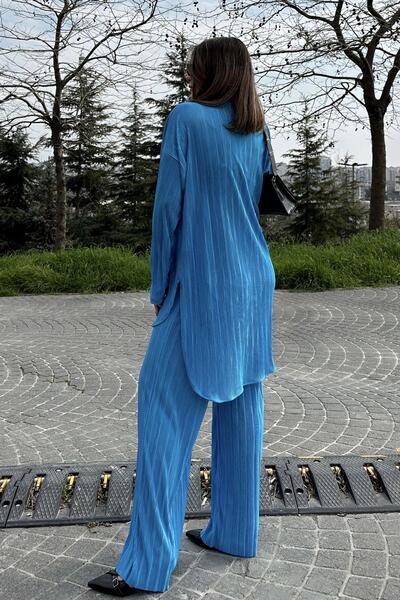 NEW LAVİVA Blue Loose Wrap Suit - Long Tunic, Shirt and Wide Leg Trousers