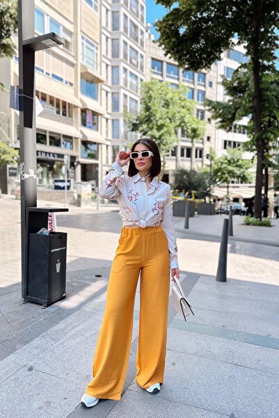 NEW LAVİVA Mustard Spanish Wide Leg, Elastic Waist, Linen/Airobin Fabric, Loose, Pocketed, Inner Wearing Pants