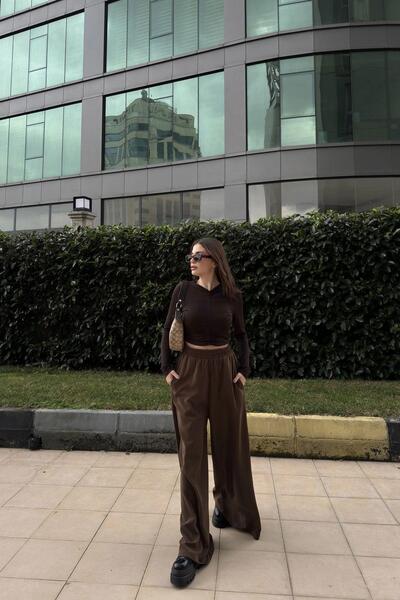 NEW LAVİVA Καφέ ελαστική μέση, τσέπες, ισπανικό / φαρδύ ειδικό ύφασμα, άνετο εφαρμοστό παντελόνι - Κατάλληλο για Hijab