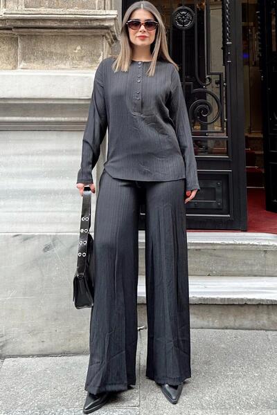 NEW LAVİVA Black Round Neck Blouse and Elastic Waist Trousers - Loose Mayan Women's Set