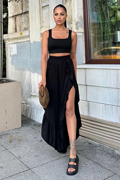 NEW LAVİVA Siyah Bohem Tarz, Yüksel Bel, Derin Yan Yırtmaçlı, Fırfırlı Asimetrik Kesim, Salaş Etek Pantolon