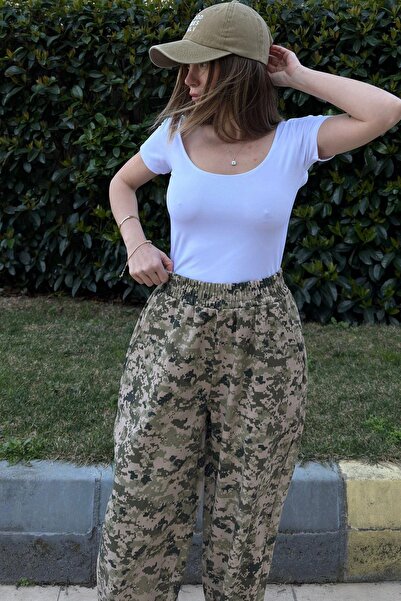 NEW LAVİVA Women's Khaki & Brown Elastic Waist, Pocket, Patterned Gabardine Fabric, Loose Trousers