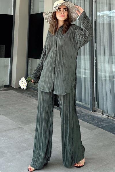 NEW LAVİVA Dark Green Women's Set - Long Tunic, Elastic Waist, Wide Leg Trousers & Loose Wrap