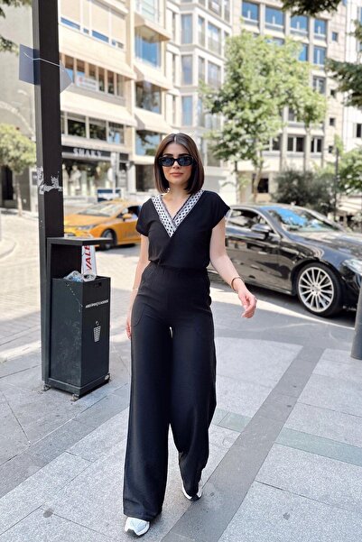 NEW LAVİVA Siyah İspanyol Bol Paça, Lastikli Bel, Keten/Airobin Kumaş, Salaş , Cepli, İç Göstermez Pantolon