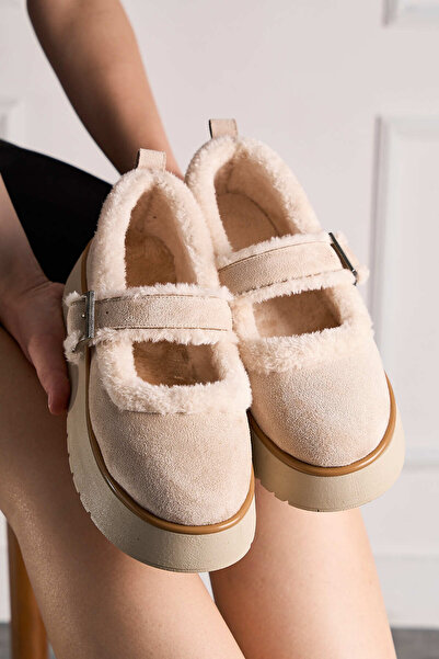 Nstil Günlük Kadın Bej Babet Süet Kalın Tırtıklı Taban Kemer Detaylı Oval Burunlu 500h