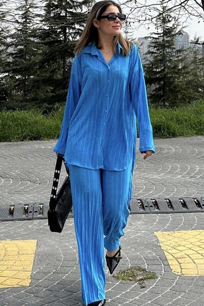 NEW LAVİVA Blue Loose Wrap Suit - Long Tunic, Shirt and Wide Leg Trousers