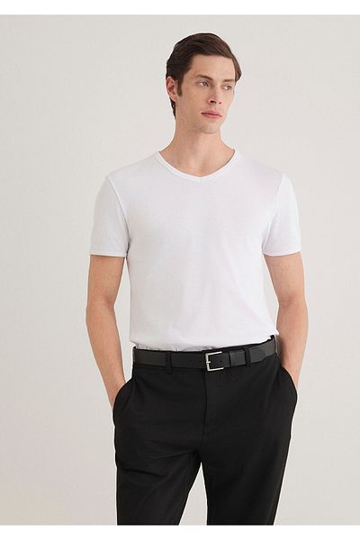 Mavi White V-Neck Rib Detailed Fitted T-Shirt -063748-620