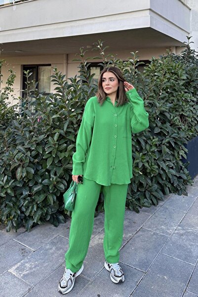NEW LAVİVA Women's Green Loose Long Shirt & Elastic Waist Trousers - Bottom & Top Muslin Fabric Set