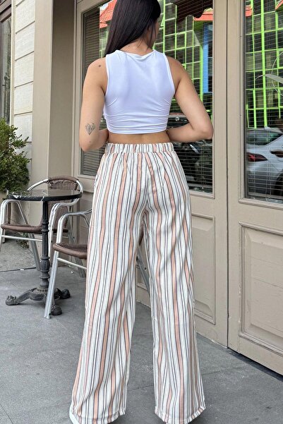 NEW LAVİVA Kadın Pudra & Ekru Çizgili, Beli Lastikli, Bol Paça, Salaş Keten Pantolon - Tesettüre Uygun