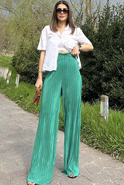 NEW LAVİVA Women's Green Elastic Waist, High Waist, Loose Cut, Wide Leg Wrap Pants