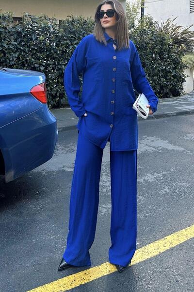 NEW LAVİVA Blue Seersucker Women's Shirt and Trousers Set - Double Pocket, Wide Leg