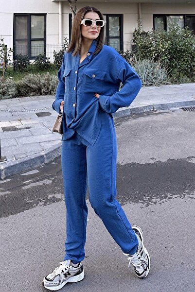 NEW LAVİVA Дамска дълга риза индиго с двоен джоб и панталон с ластик на талия...