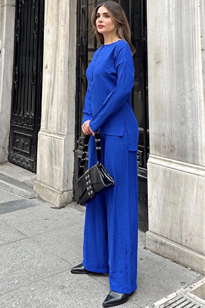 NEW LAVİVA Saks Colorful Round Neck Blouse and Elastic Waist Trousers - Loose Maya Set