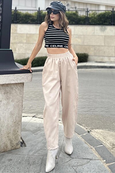 NEW LAVİVA Women's Cream High Waist, Pocket, Elastic Waist, Loose Gabardine Trousers