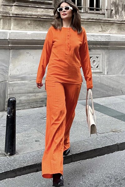 NEW LAVİVA Orange Round Neck Blouse and Elastic Waist Trousers - Loose Maya Set