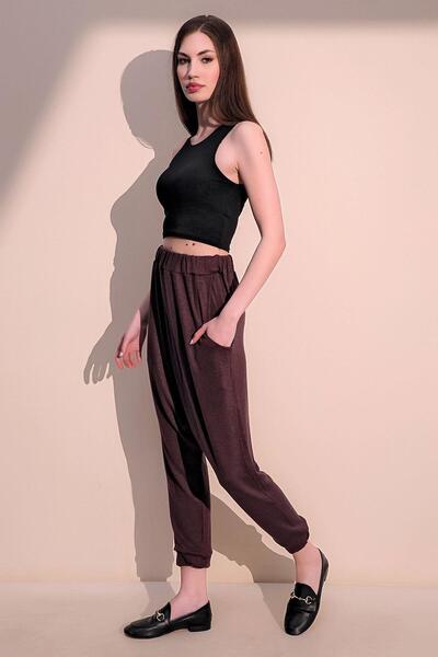 NEW LAVİVA Women's Burgundy Modern Style Elastic Waist Pocket Loose Shalwar Trousers