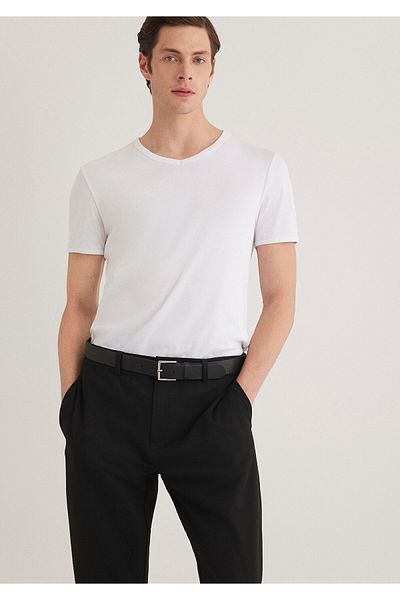 Mavi White V-Neck Rib Detailed Fitted T-Shirt -063748-620