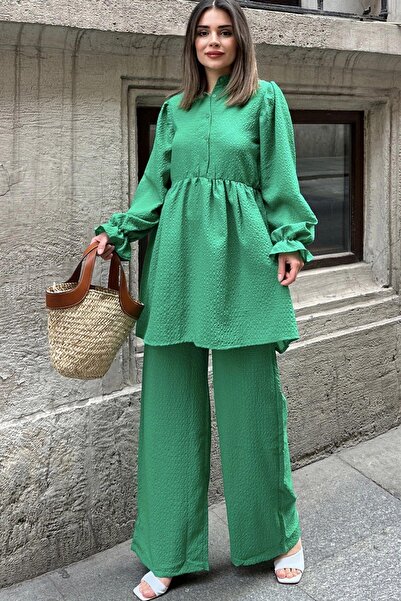 NEW LAVİVA Green Ruffled High Collar Tunic and Wide Leg Trousers - Loose Cotton Set