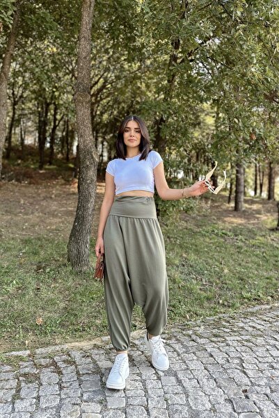 NEW LAVİVA Women's Khaki High Waist, Elastic Leg, Loose Knitted Baggy Trousers