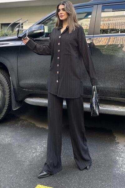 NEW LAVİVA Black Seersucker Women's Shirt and Trousers Set - Double Pocket, Wide Leg