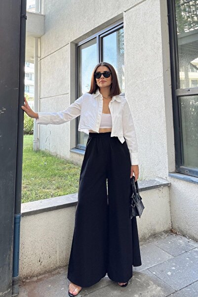 NEW LAVİVA Μαύρο ελαστικό στη μέση με τσέπες Φαρδύ παντελόνι casual που ταιριάζει στο προσαρμοσμένο ύφασμα hijab