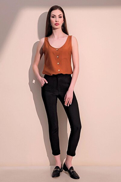 NEW LAVİVA Kadın Siyah Beli Lastikli Şerit Detaylı Arka Ve Yan Cepli Kalem Pa...