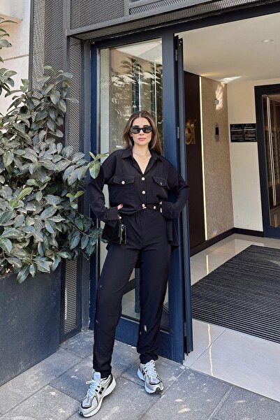 NEW LAVİVA Women's Black Double Pocket Long Shirt & Elastic Waist Pants - Comfortable Bottom & Top Set