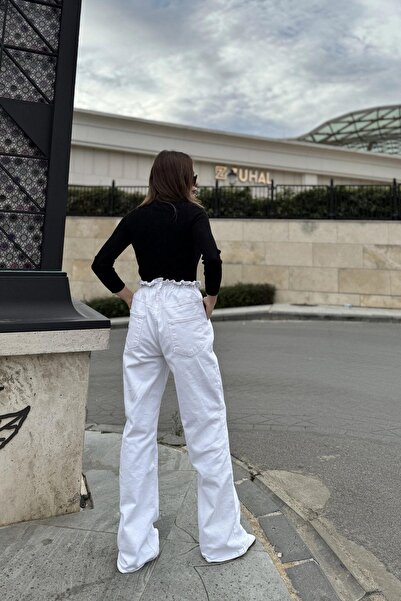 NEW LAVİVA Women's White Drawstring Model Elastic Waist, Pocket, Wide Leg, Loose Gabardine Trousers