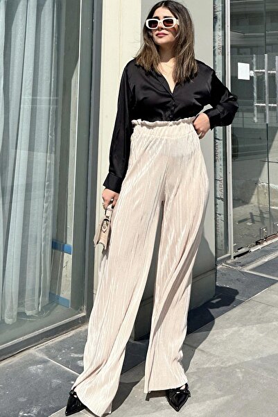 NEW LAVİVA Women's Beige Elastic Waist, High Waist, Loose Cut, Wide Leg Wrap Pants