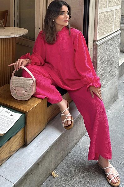 NEW LAVİVA Fuchsia Prevailing Collar and Balloon Sleeve - Ruffled Cotton Tunic and Wide Leg Trousers Set