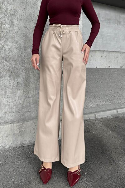 NEW LAVİVA Beige Elastic High Waist, Pocket, Loose Leg, Loose Leather Pants - Suitable for Hijab