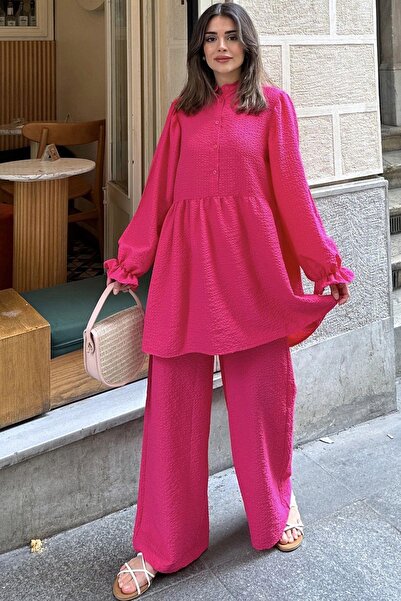 NEW LAVİVA Fuşya Hakim Yaka, Balon Kol, Tunik & Bol Paça Pantolon - Fırfırlı Salaş Alt & Üst Pamuklu Takım