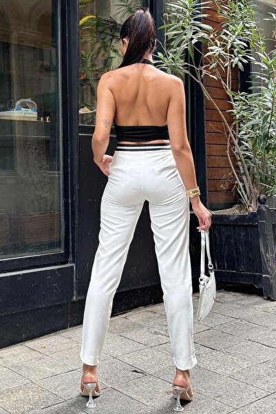 NEW LAVİVA Ecru Women's Pencil Pants - Elastic Waist, Stripe Detail, Back and Side Pockets