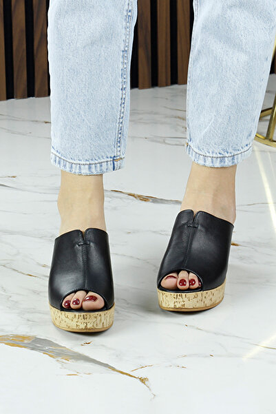 Erkan Saçmacı Mallery Black Genuine Cowhide Leather Open Front Cork Sole Look Wedge Heeled Slippers