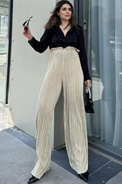 NEW LAVİVA Women's Yellow Elastic Waist, High Waist, Loose Cut, Wide Leg Wrap Pants